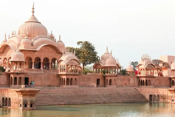 Kusum Sarovar cenotaph chhatris at dusk, Mathura
